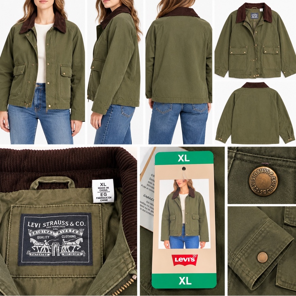 Women's Levi's Olive Green Jacket with Brown Corduroy Collar XL
